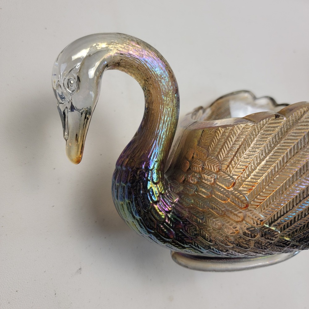 Imperial Glass Smoke Carnival Glass Swan Dish Figurine Iridescent IG Mark - Picture 3 of 15